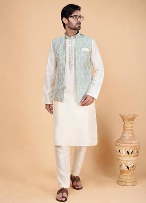 pista green art silk 3 piece kurta nehru jacket set for men 2