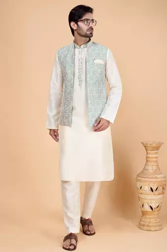 pista green art silk 3 piece kurta nehru jacket set for men