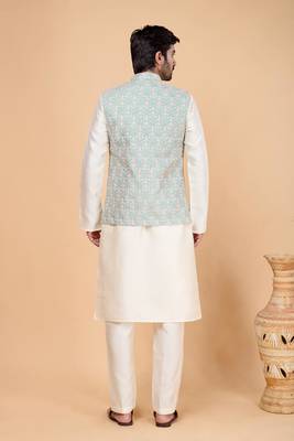 pista green art silk 3 piece kurta nehru jacket set for men 3