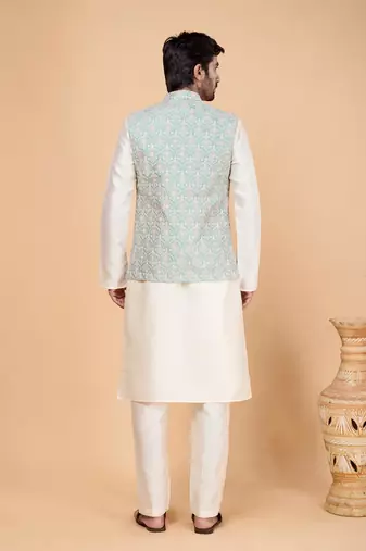 pista green art silk 3 piece kurta nehru jacket set for men