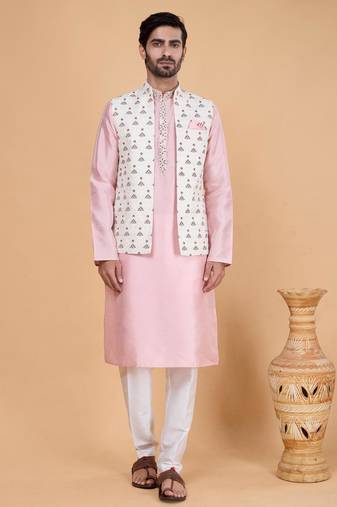 Cream art silk 3 piece kurta jacket set for men