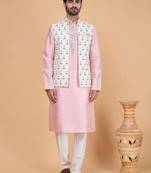 Cream art silk 3 piece kurta jacket set for men