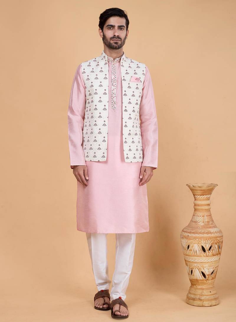 Cream art silk 3 piece kurta jacket set for men