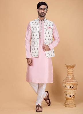 cream art silk 3 piece kurta nehru jacket set for men 2