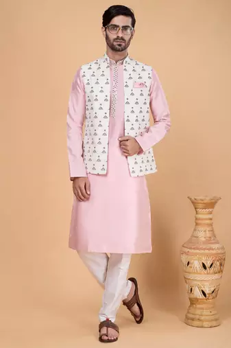 cream art silk 3 piece kurta nehru jacket set for men