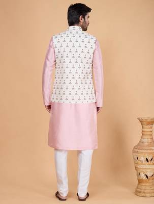 cream art silk 3 piece kurta nehru jacket set for men 3