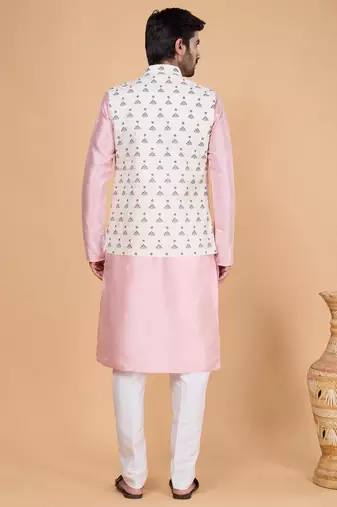 cream art silk 3 piece kurta nehru jacket set for men