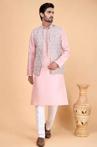 Pink art silk 3 piece kurta jacket set for men