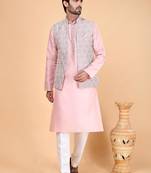 Pink art silk 3 piece kurta jacket set for men