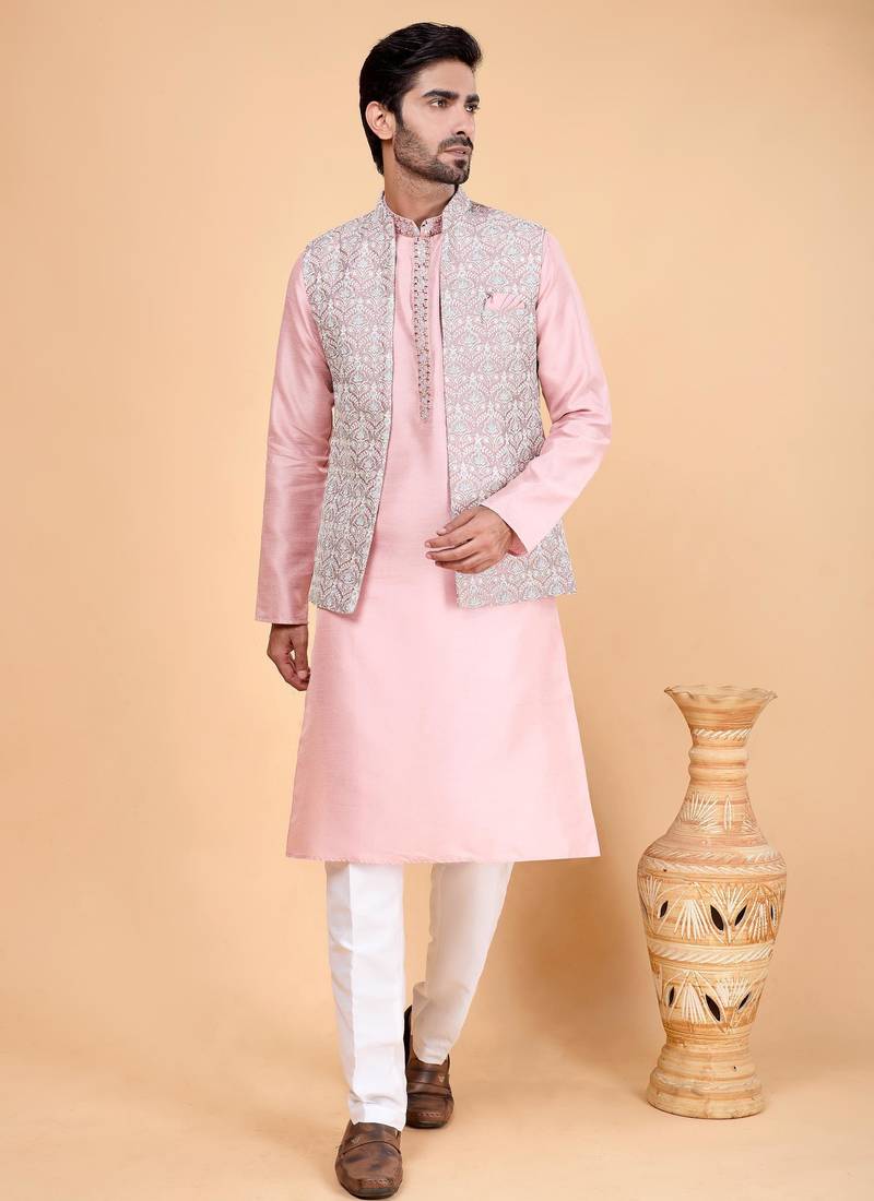 Pink art silk 3 piece kurta jacket set for men