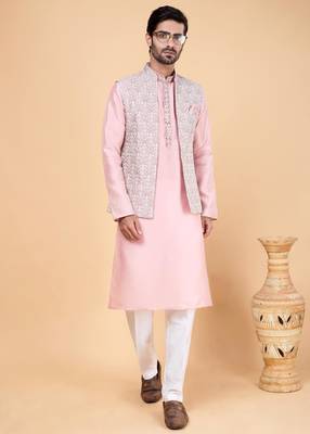 pink art silk 3 piece kurta nehru jacket set for men 2