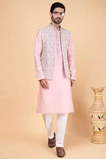 pink art silk 3 piece kurta nehru jacket set for men