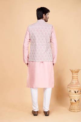 pink art silk 3 piece kurta nehru jacket set for men 3