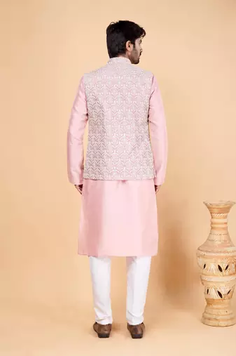 pink art silk 3 piece kurta nehru jacket set for men