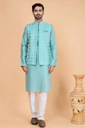Green art silk 3 piece kurta jacket set for men