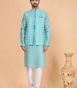Green art silk 3 piece kurta jacket set for men