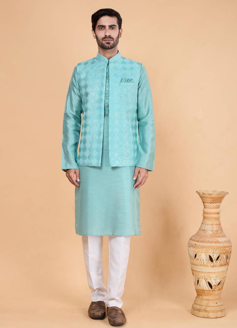 Green art silk 3 piece kurta jacket set for men