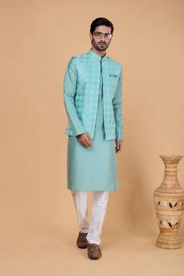 green art silk 3 piece kurta nehru jacket set for men 2