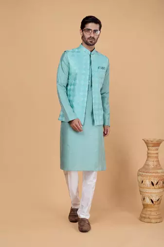 green art silk 3 piece kurta nehru jacket set for men