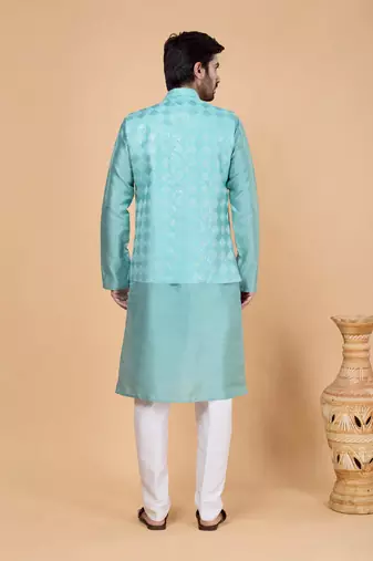 green art silk 3 piece kurta nehru jacket set for men