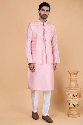 pink art silk 3 piece kurta nehru jacket set for men