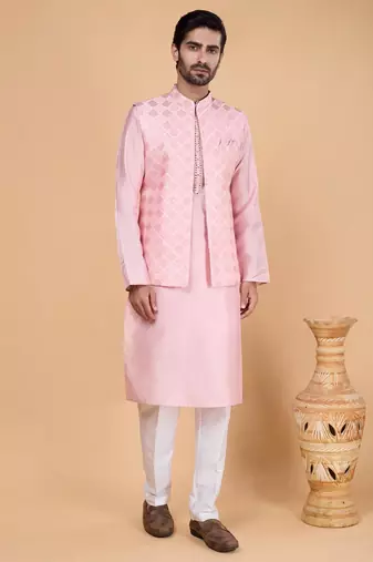 Pink art silk 3 piece kurta jacket set for men