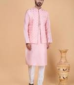 Pink art silk 3 piece kurta jacket set for men