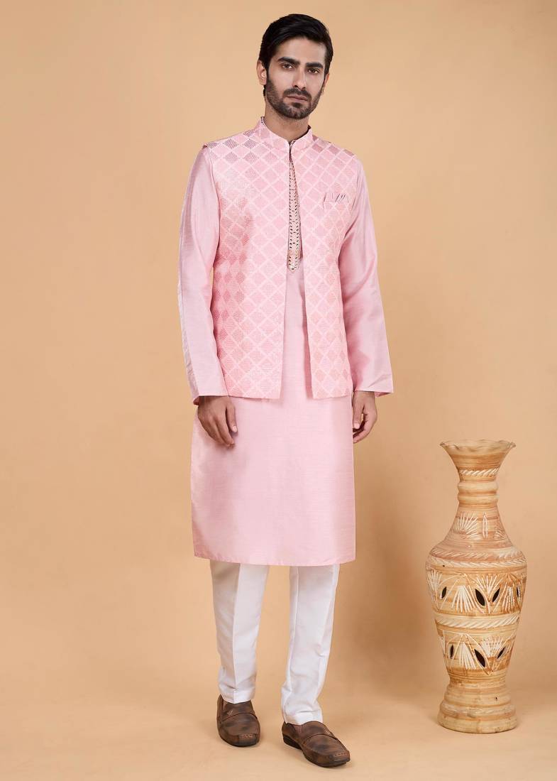 Pink art silk 3 piece kurta jacket set for men