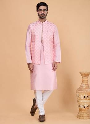 pink art silk 3 piece kurta nehru jacket set for men 2
