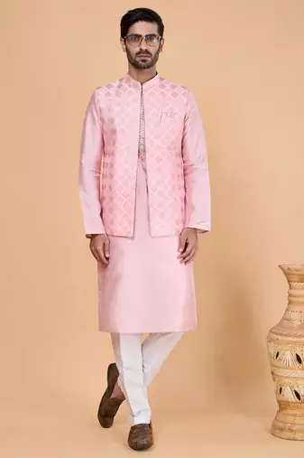 pink art silk 3 piece kurta nehru jacket set for men