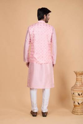 pink art silk 3 piece kurta nehru jacket set for men 3