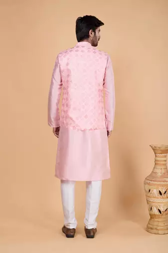 pink art silk 3 piece kurta nehru jacket set for men