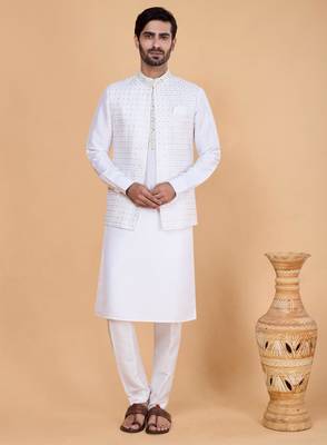 off white art silk 3 piece kurta nehru jacket set for men 1