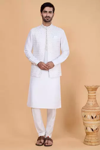 Off white art silk 3 piece kurta jacket set for men