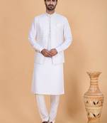 Off white art silk 3 piece kurta jacket set for men