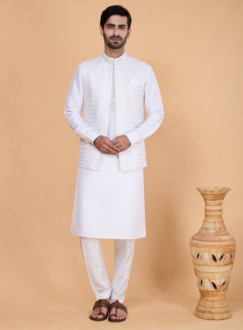 Off white art silk 3 piece kurta jacket set for men
