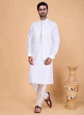 off white art silk 3 piece kurta nehru jacket set for men 2