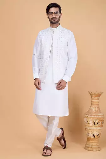 off white art silk 3 piece kurta nehru jacket set for men