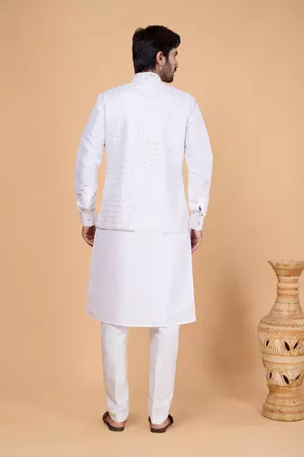 off white art silk 3 piece kurta nehru jacket set for men