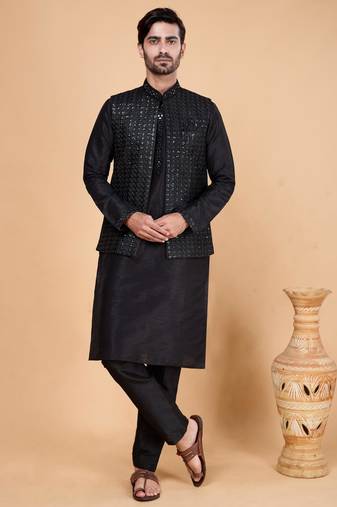 black art silk 3 piece kurta nehru jacket set for men