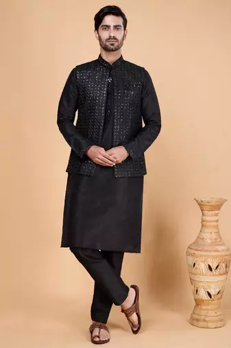 Black art silk 3 piece kurta jacket set for men