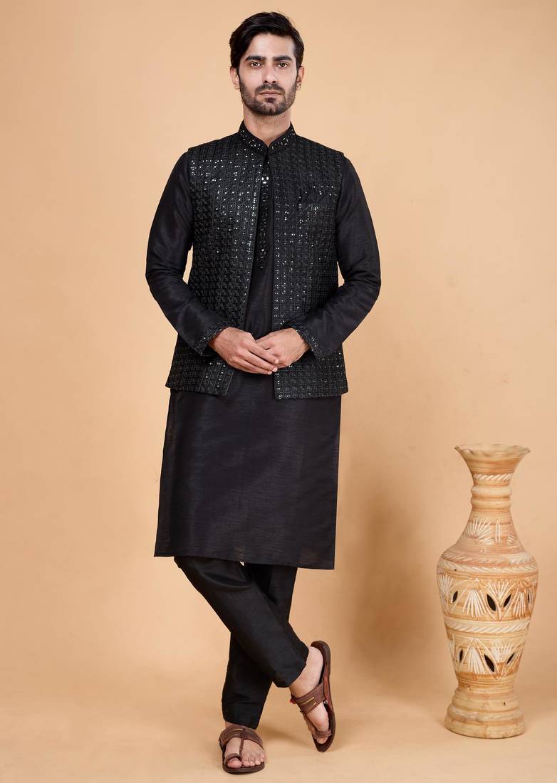 Black art silk 3 piece kurta jacket set for men