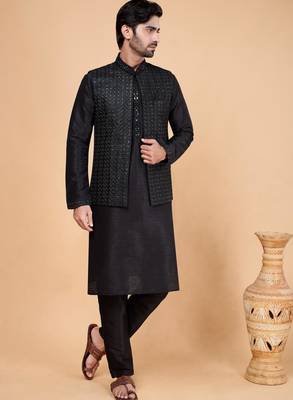 black art silk 3 piece kurta nehru jacket set for men 2