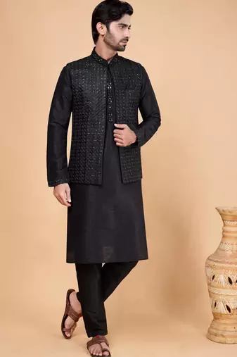 black art silk 3 piece kurta nehru jacket set for men