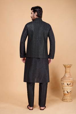 black art silk 3 piece kurta nehru jacket set for men 3