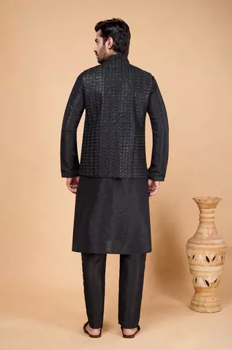 black art silk 3 piece kurta nehru jacket set for men
