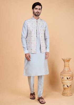 grey art silk 3 piece kurta nehru jacket set for men 1