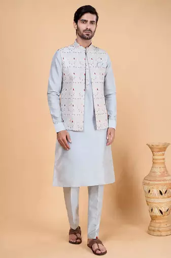 Grey art silk 3 piece kurta jacket set for men