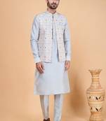Grey art silk 3 piece kurta jacket set for men