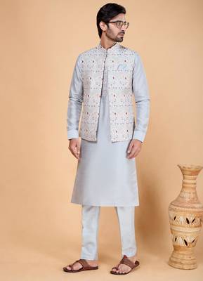 grey art silk 3 piece kurta nehru jacket set for men 2